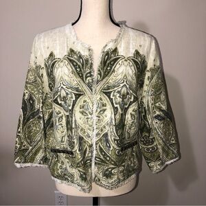 Chicos Jacket Open Front Size 2 Large Woven Textured Green Print Frayed Edges